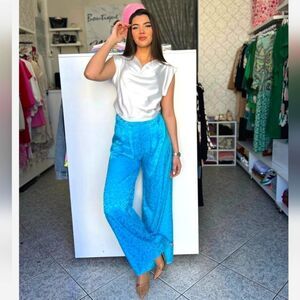 ZARA NWT TURQUOISE JACQUARD PANTS WIDE LEG